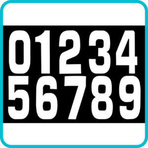 WHITE RACE NUMBER 0 to 9 VINYL STICKER – 15cm / 6" – EACH